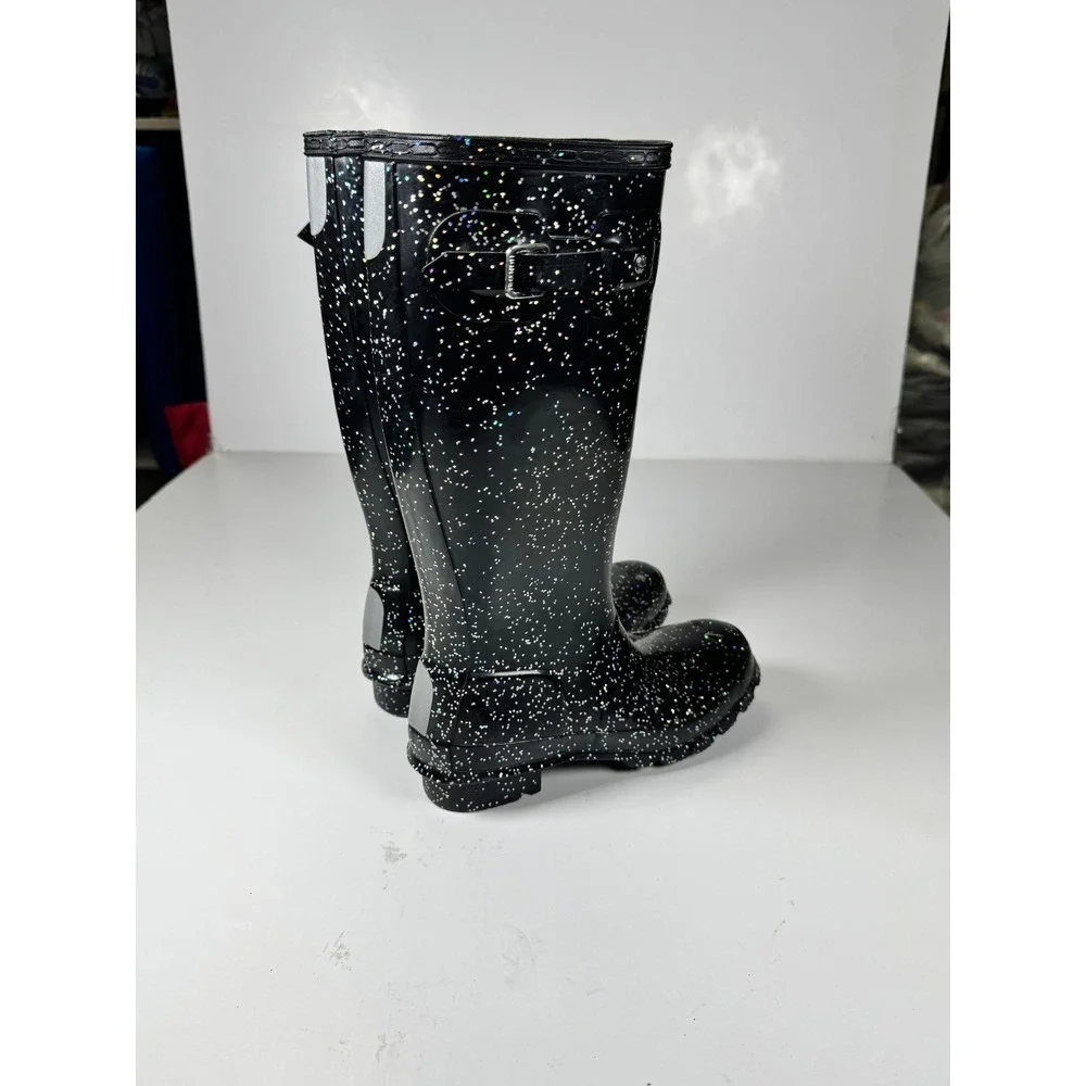 Hunter Girls US 4B Black Giant Glitter Round Toe Pull On Mid Calf Rain Boots